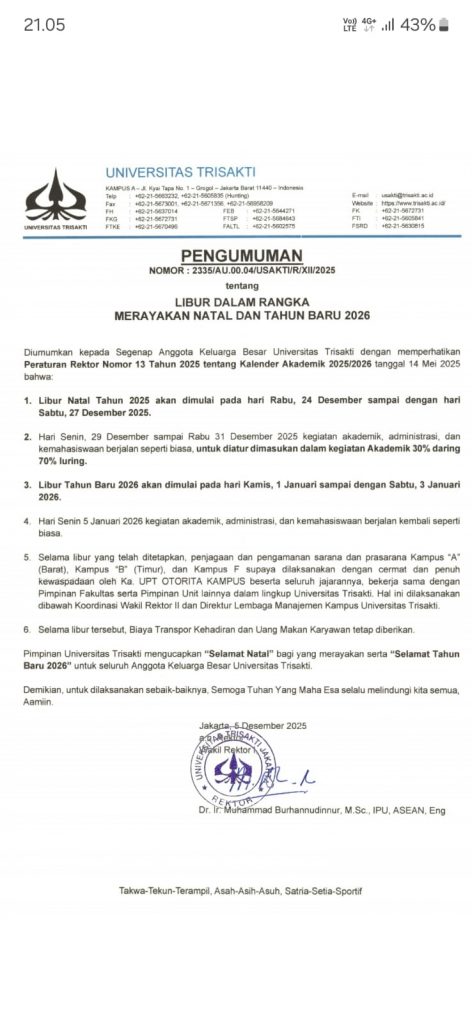 Libur Dalam Rangka Merayakan Natal dan Tahun Baru 2026